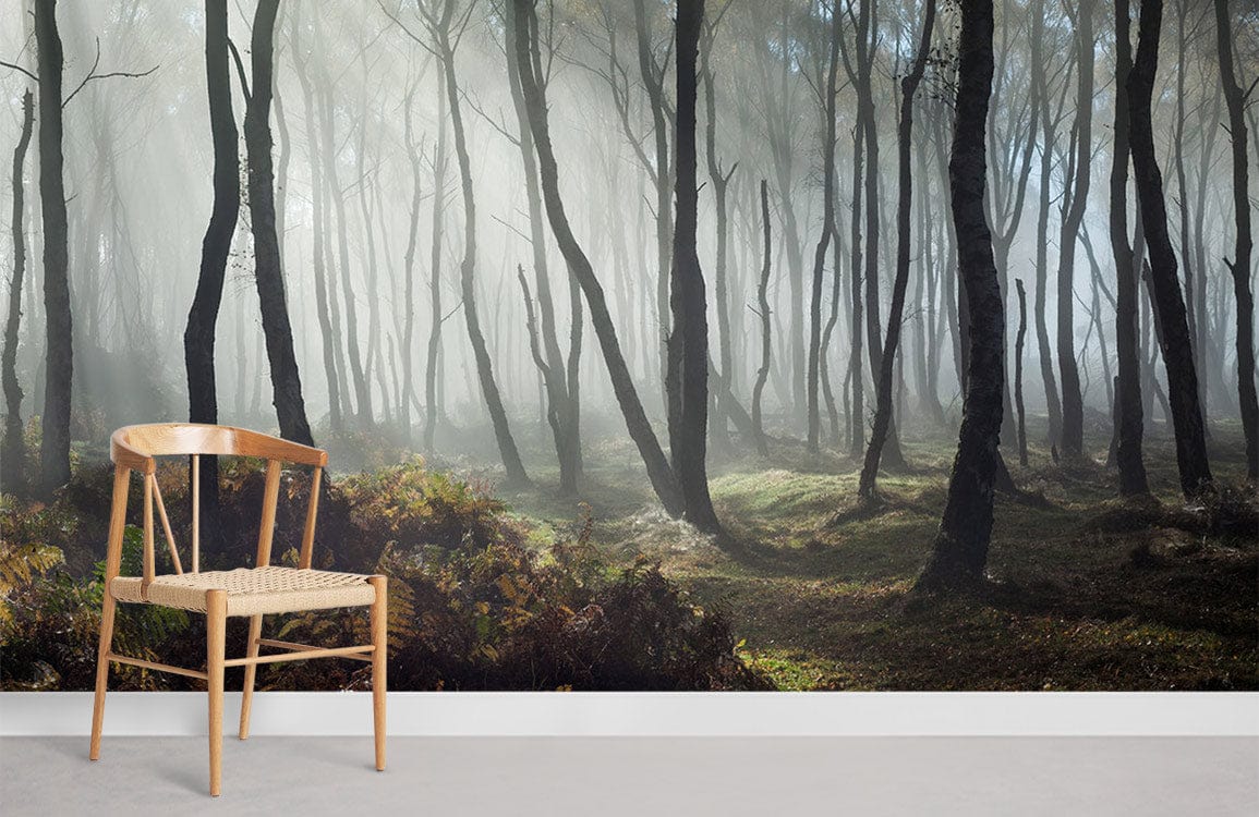 Misty forest mural wallpaper, earthy tones, wooden chair, minimalist room, with light grey flooring.