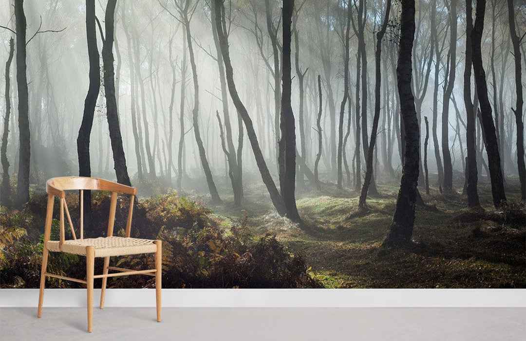 Misty forest mural wallpaper, earthy tones, wooden chair, minimalist room, with light grey flooring.
