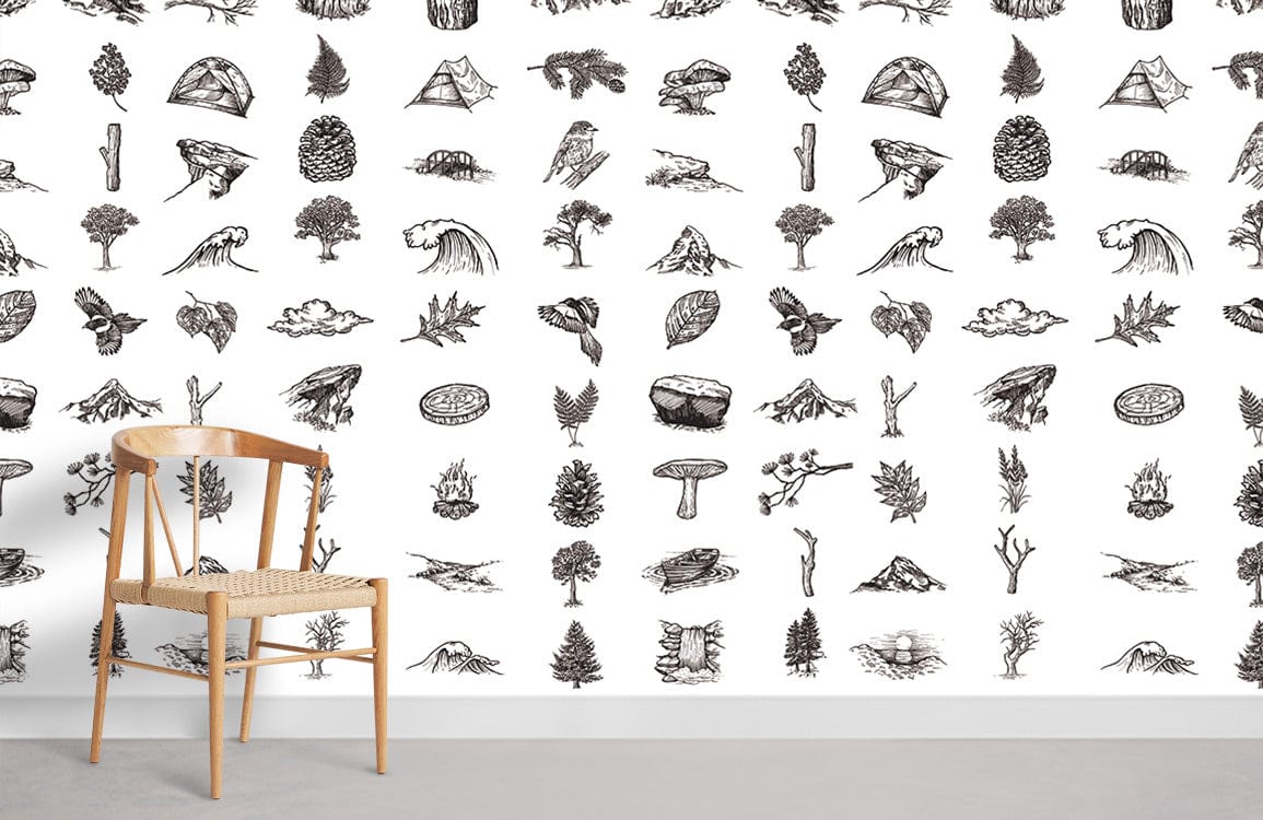 Monochrome vintage wilderness sketch wallpaper in minimalist room, featuring natural wooden chair on grey floor.