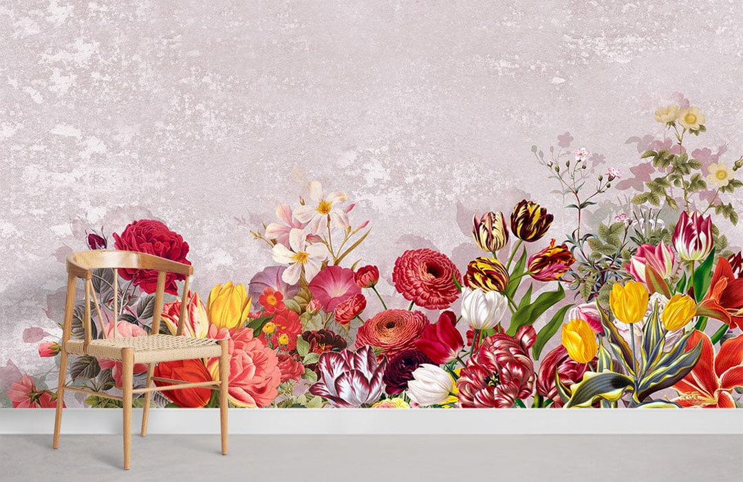 Vintage Floral Mural Wallpaper with vibrant red and pink flowers, wooden chair, light grey flooring.