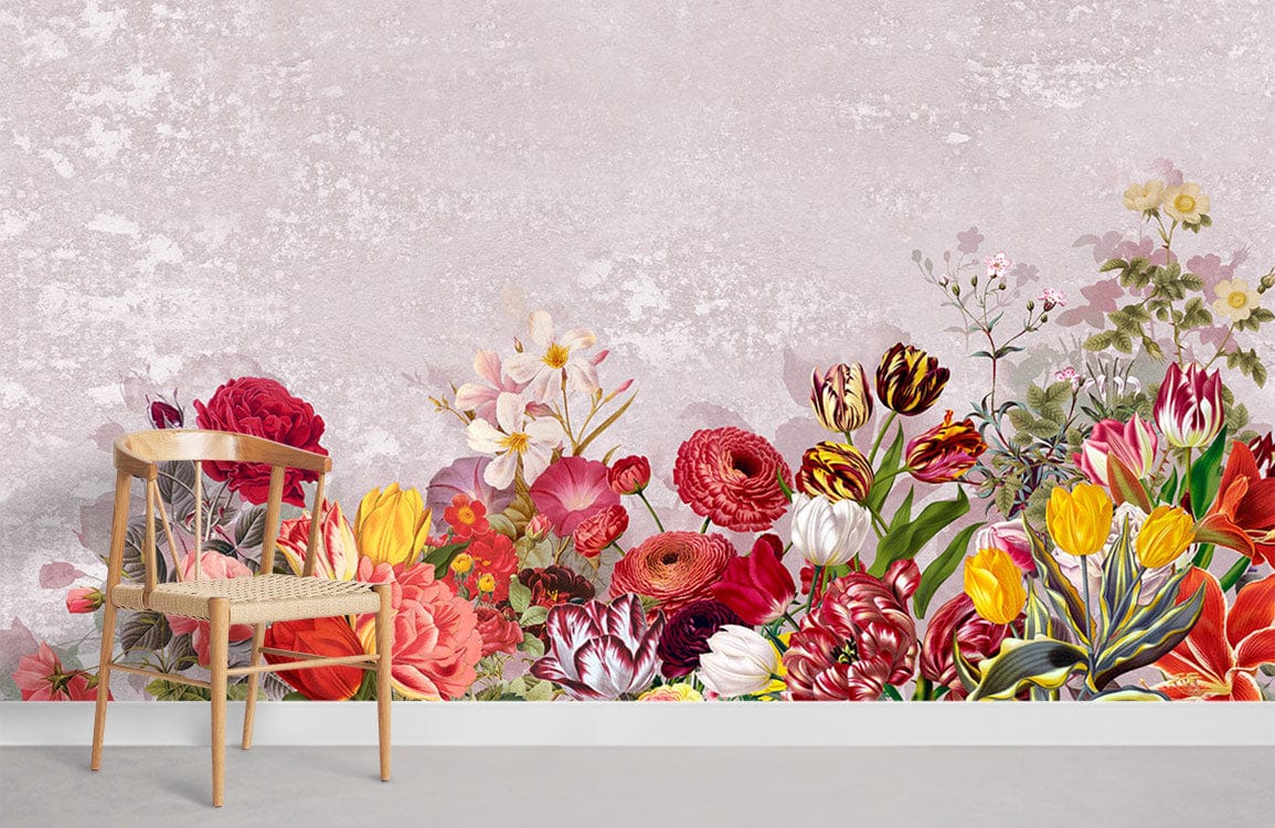 Vintage Floral Mural Wallpaper with vibrant red and pink flowers, wooden chair, light grey flooring.
