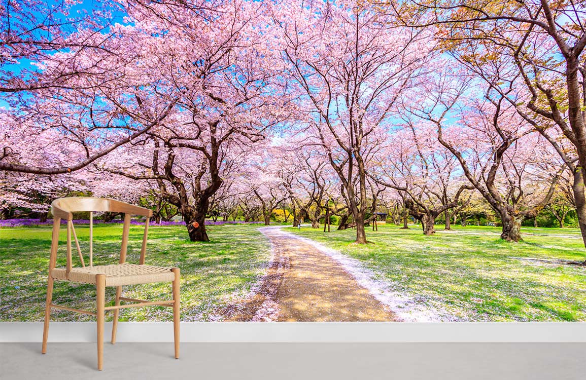 Blossoming Cherry Grove Scenic Wallpaper Mural in living room with wooden chair and grey flooring.