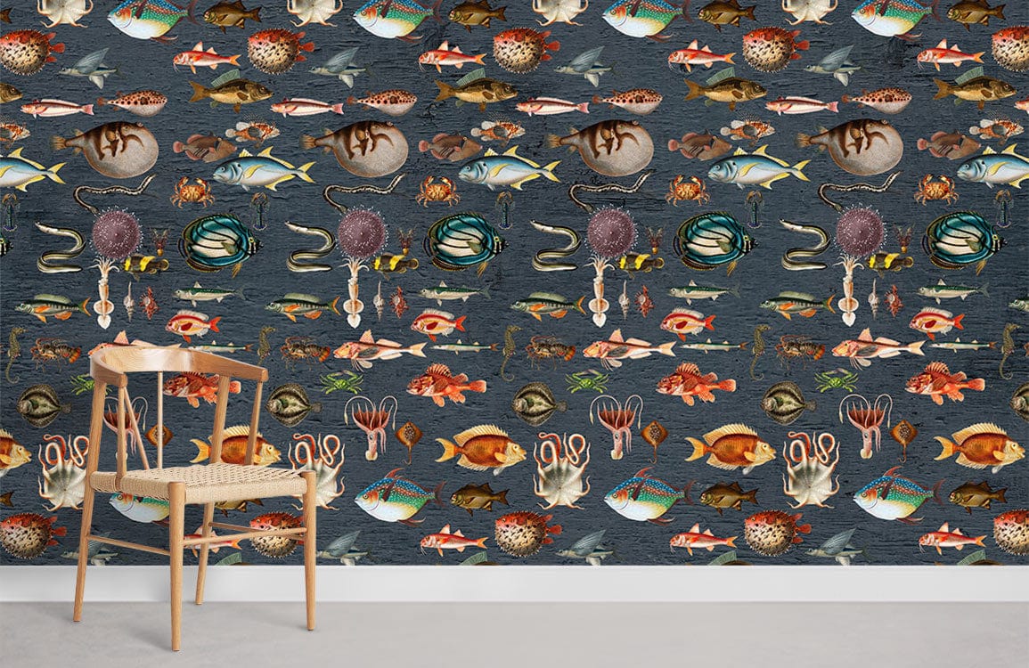Undersea Adventure Dark Blue Marine Life Wallpaper Mural with wooden chair on light grey flooring.