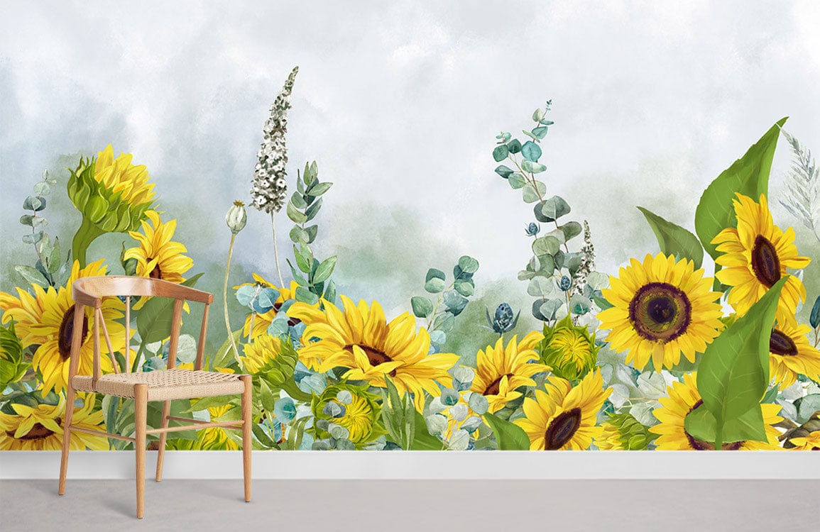 Vibrant Sunflower Bliss floral mural wallpaper in serene room with wooden chair, grey flooring, white wall.
