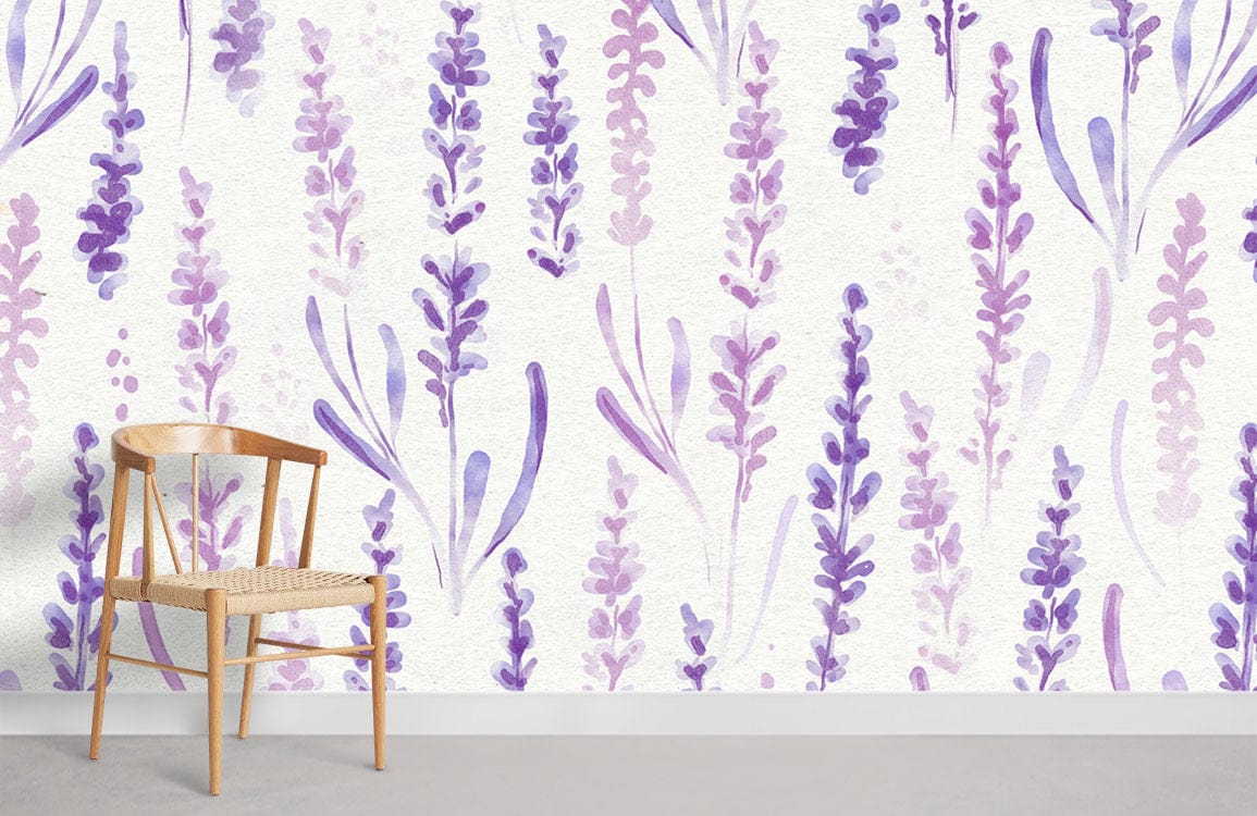 Wooden chair, Lavender Bliss Watercolour Floral Pattern Wallpaper, soft purple hues, light grey flooring.