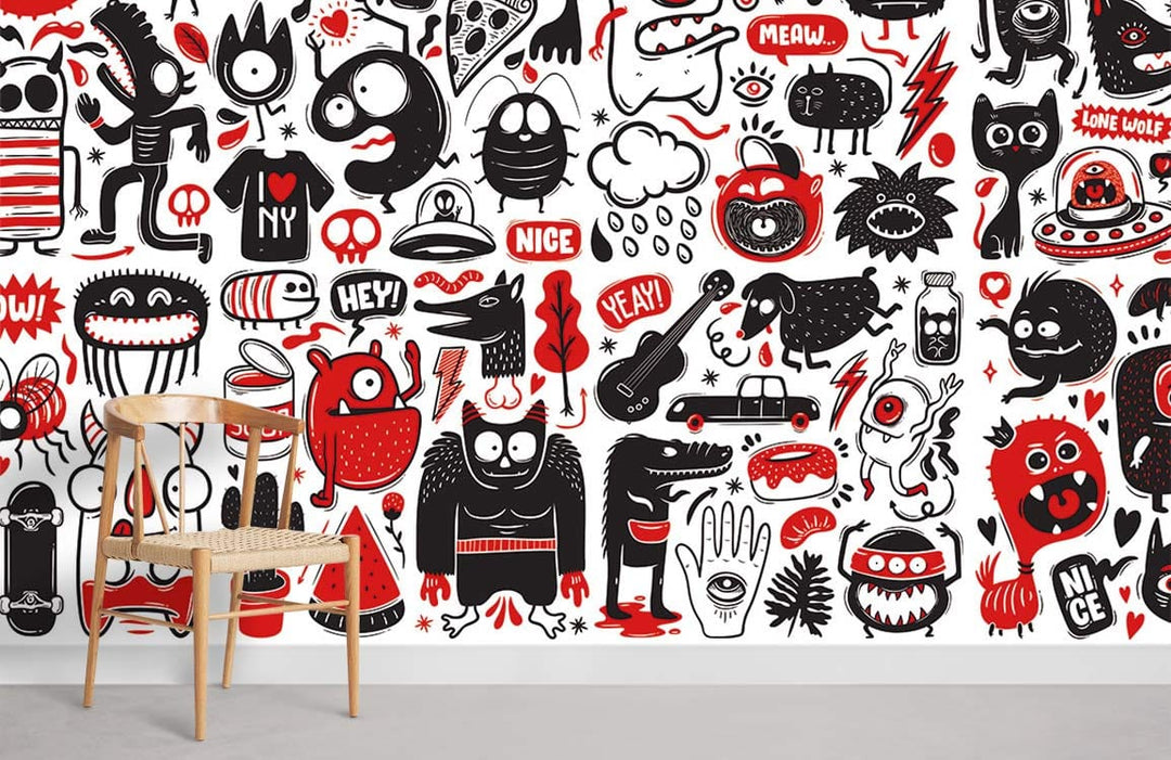 Playful red and black cartoon doodle wallpaper mural in children's room with wooden chair, grey flooring.