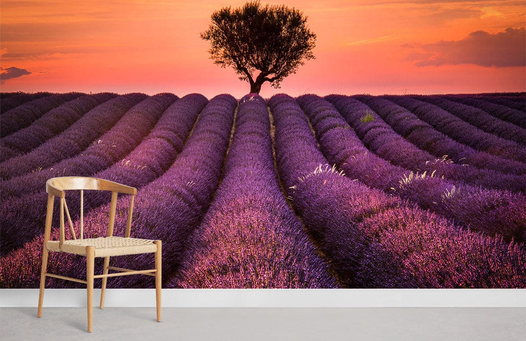 Lavender Fields Sunset Bliss mural in room with wooden chair, neutral flooring, stunning landscape decor.