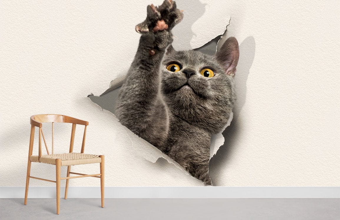 cute stretching cat through paper wall murals for home