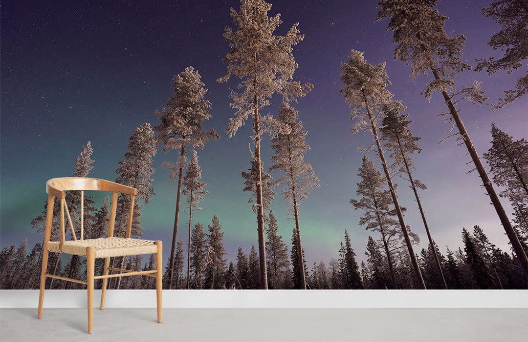 Starlit Nordic Forest Mural Wallpaper featuring enchanting design, light wood chair, minimalist room style.