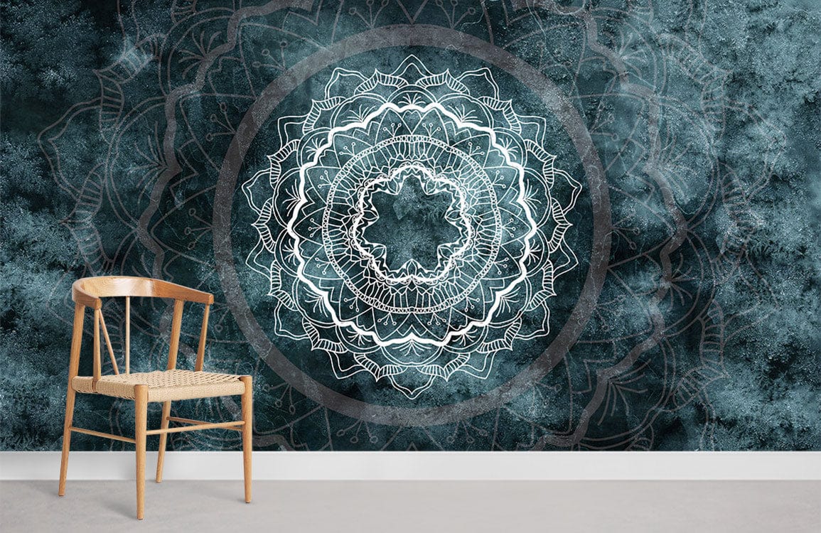 Teal Mandala Mist wallpaper in living room, intricate design, wooden chair, grey flooring.