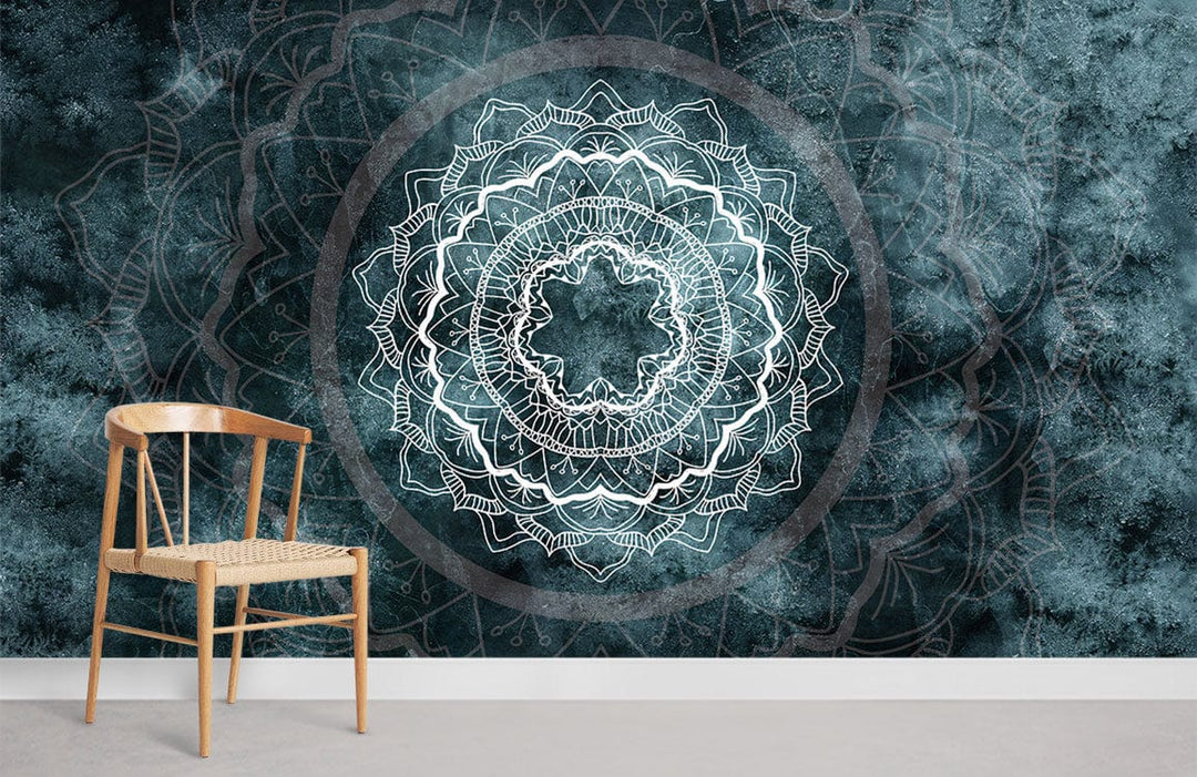 Teal Mandala Mist wallpaper in living room, intricate design, wooden chair, grey flooring.
