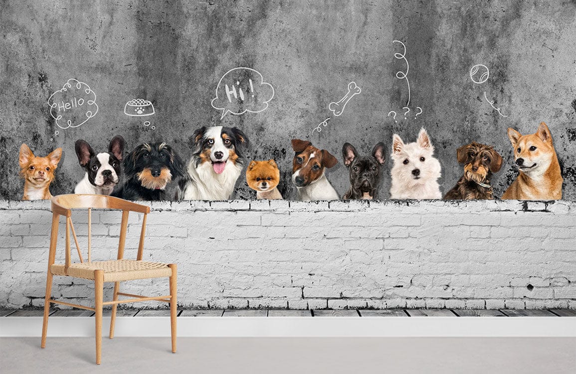 Charming Dogs Mural Wallpaper with chalkboard style and rustic chair in modern pet lovers' room.