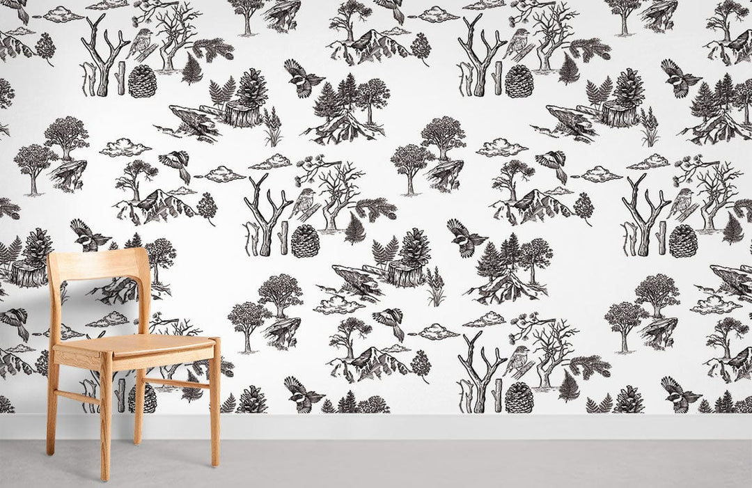 Vintage Woodland Toile Wallpaper featuring monochrome nature scene; lightwood chair, grey flooring showcased.