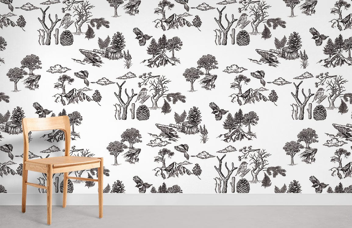 Vintage Woodland Toile Wallpaper featuring monochrome nature scene; lightwood chair, grey flooring showcased.