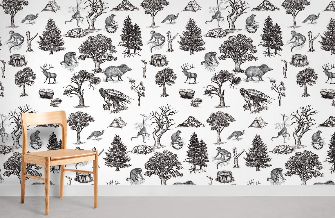 Monochrome wildlife forest wallpaper with vintage sketches, light wood chair, grey flooring.