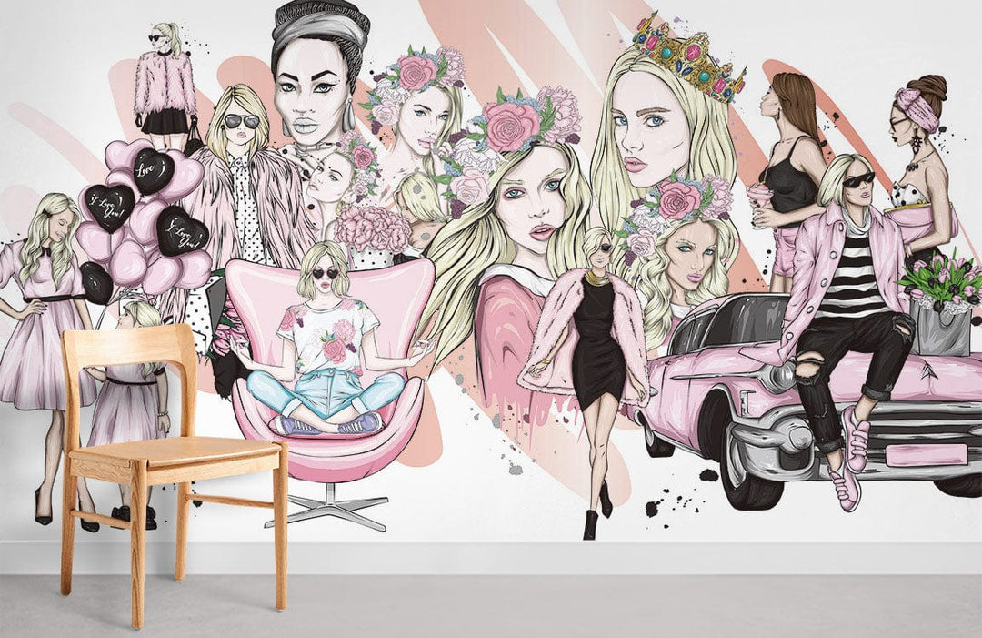 Chic Fashionista Pastel Pink Mural Wallpaper in stylish room with wooden chair, grey floor, illustrated decor.