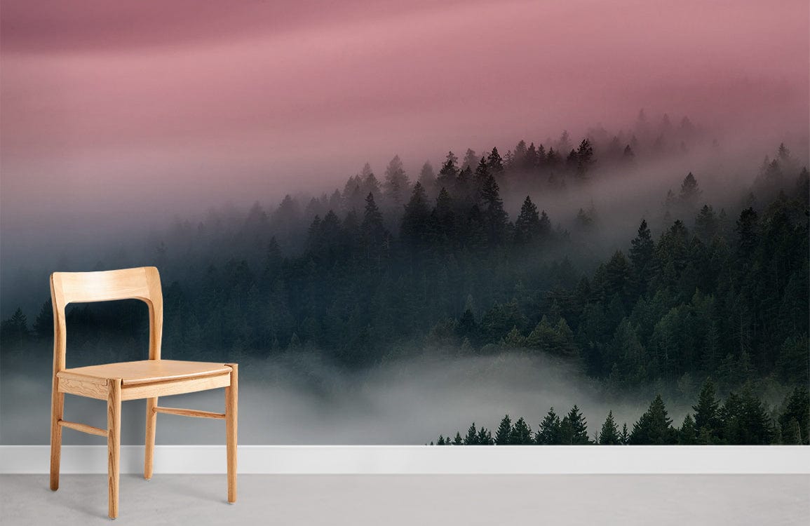 Serene Pink Mist Forest Wallpaper with wooden chair, grey flooring, creating peaceful atmosphere in room.