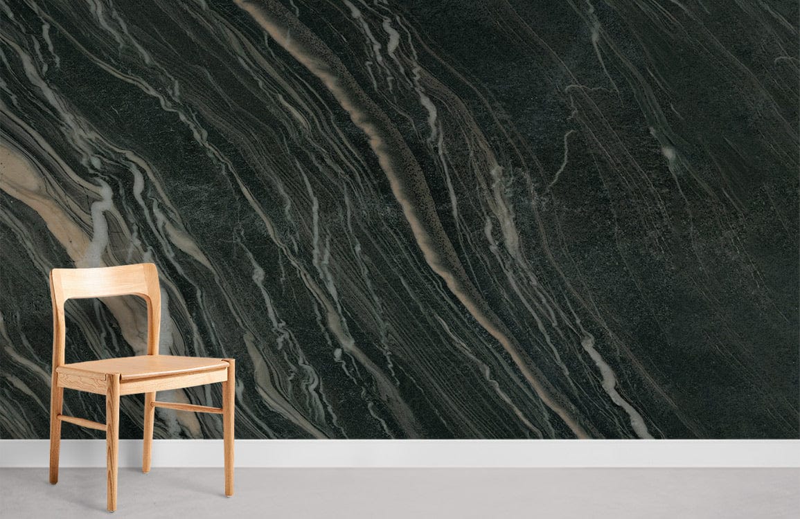 Elegant dark marble wallpaper with natural brown veining; features wooden chair, light grey flooring.