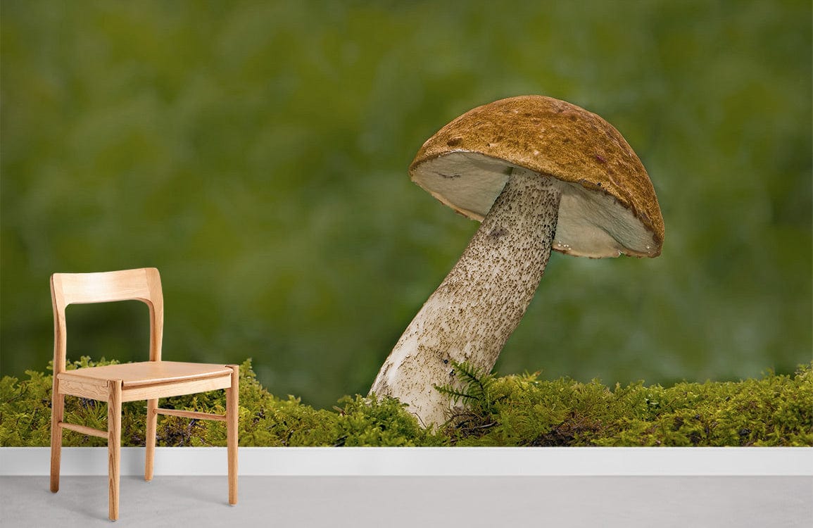 Enchanted Woodland Mushroom Mural Wallpaper, earthy tones. Natural wood chair, grey flooring, forest design.