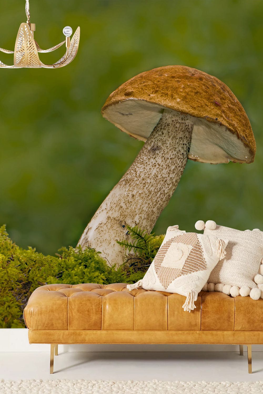 Enchanted Woodland Mushroom Mural in room with a tan leather sofa and beige textile decor.