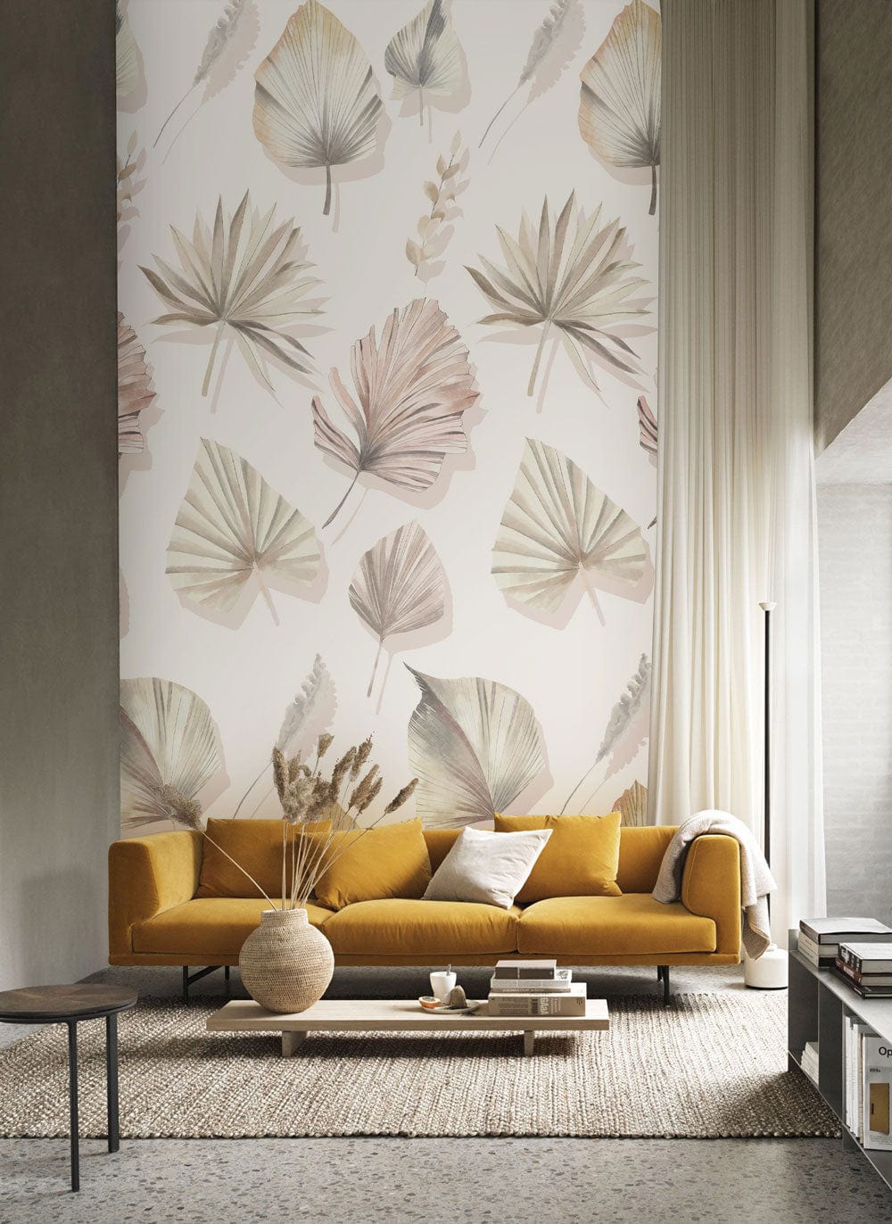 Elegant pastel botanical wallpaper with mustard sofa, beige curtains, textured rug in modern living room.