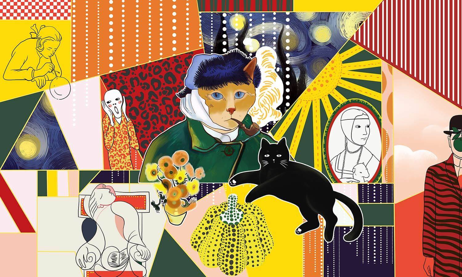 Eclectic Cat Art Patchwork Mural with abstract retro design features vibrant, colourful patterns and playful cats.
