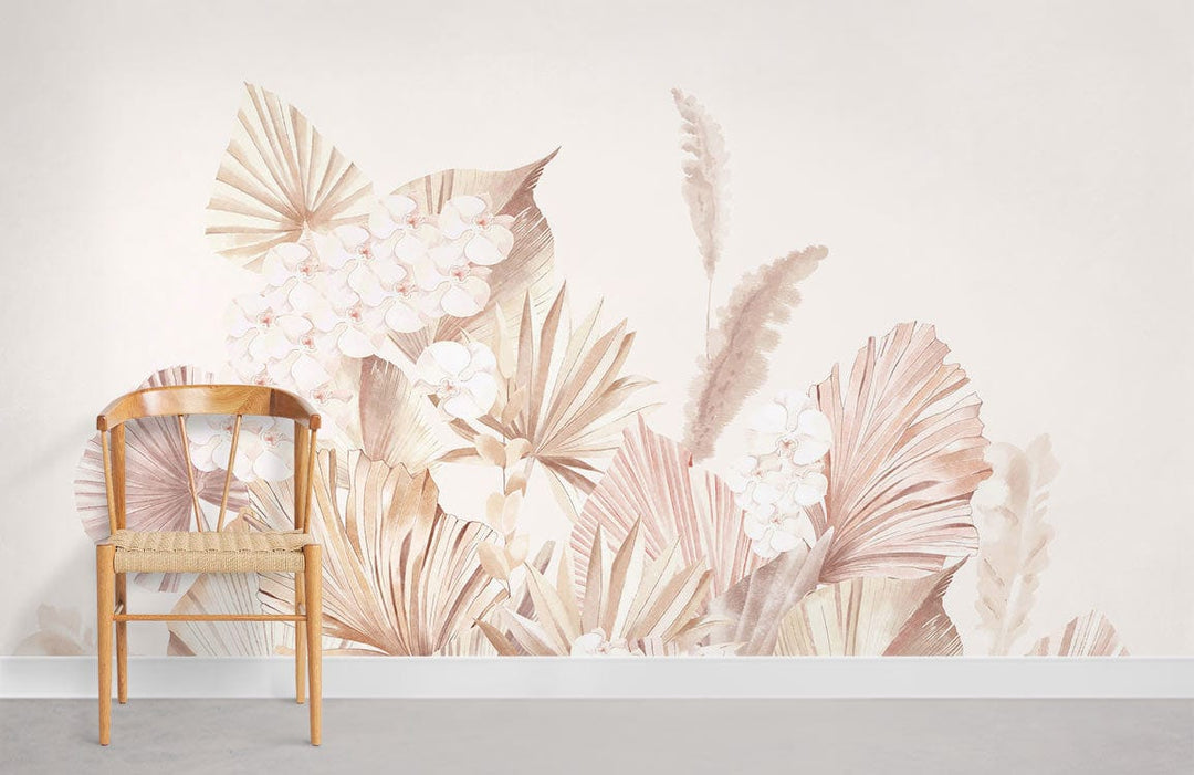 Elegant Pastel Botanical Floral Wallpaper Mural, soft neutral tones, wooden chair, grey flooring, wall art.