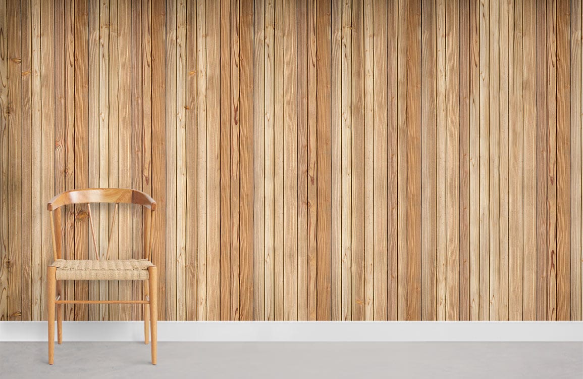 Rustic wood plank wallpaper, natural brown vertical stripes, wooden chair, white skirting, grey flooring.