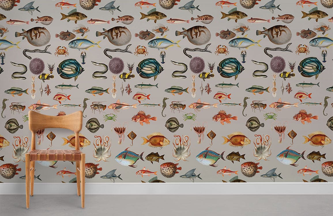Nautical marine life wallpaper in earthy tones with wooden chair, in room with grey flooring.