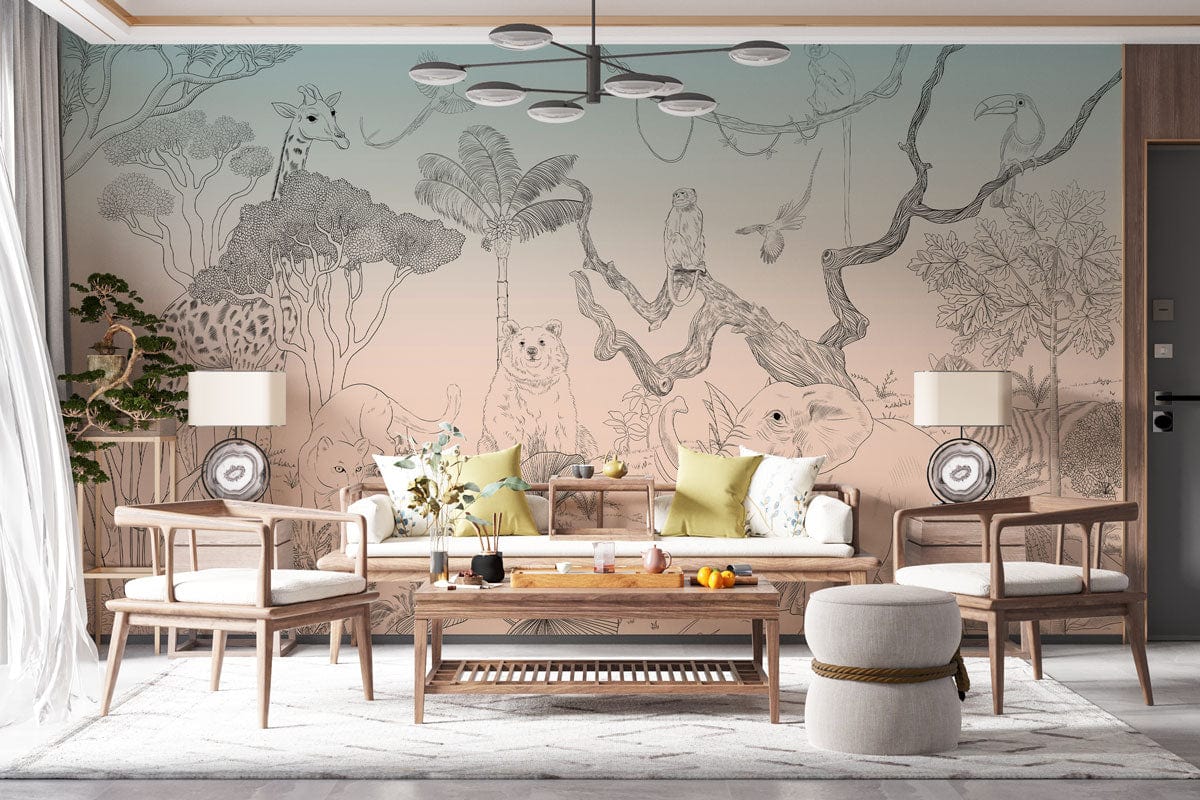 Vintage Safari Jungle mural wallpaper with animals, pastel tones; wooden furniture, modern living room decor.