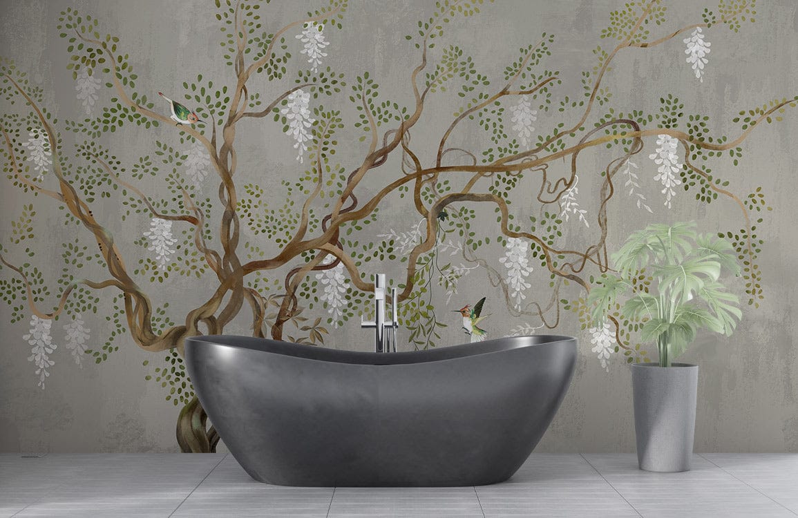 Elegant Botanical Mural Wallpaper in Pastel Green with modern black bathtub and tile flooring in bathroom.