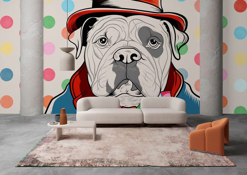 Colourful Polka Dot Bulldog Wallpaper in vintage style, with modern white sofa and grey flooring.