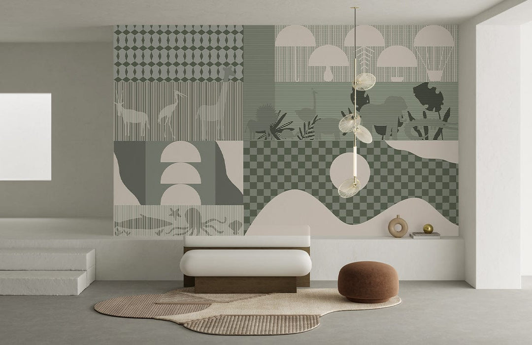Modern wildlife mural wallpaper on sage green feature wall, with minimalist bench, beige stool, grey floor.