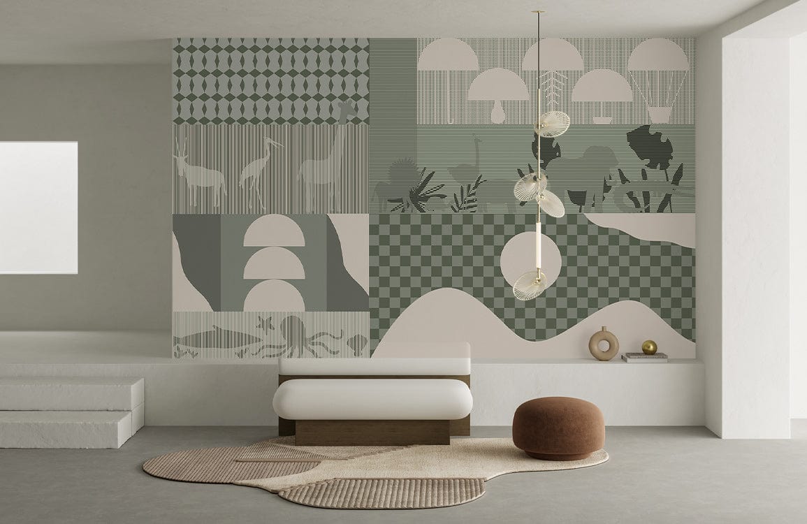 Modern wildlife mural wallpaper on sage green feature wall, with minimalist bench, beige stool, grey floor.
