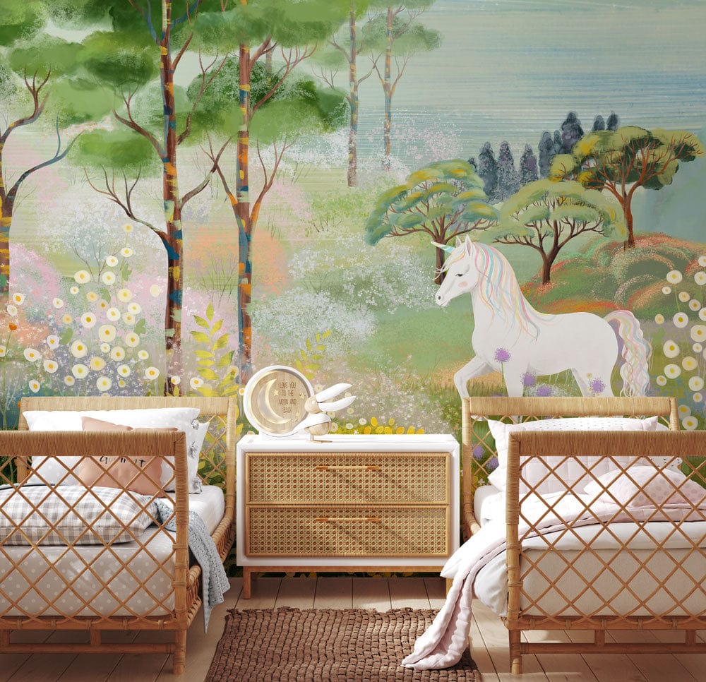 Enchanted Forest Unicorn Mural Wallpaper in children's room, featuring rattan furniture and wooden flooring.