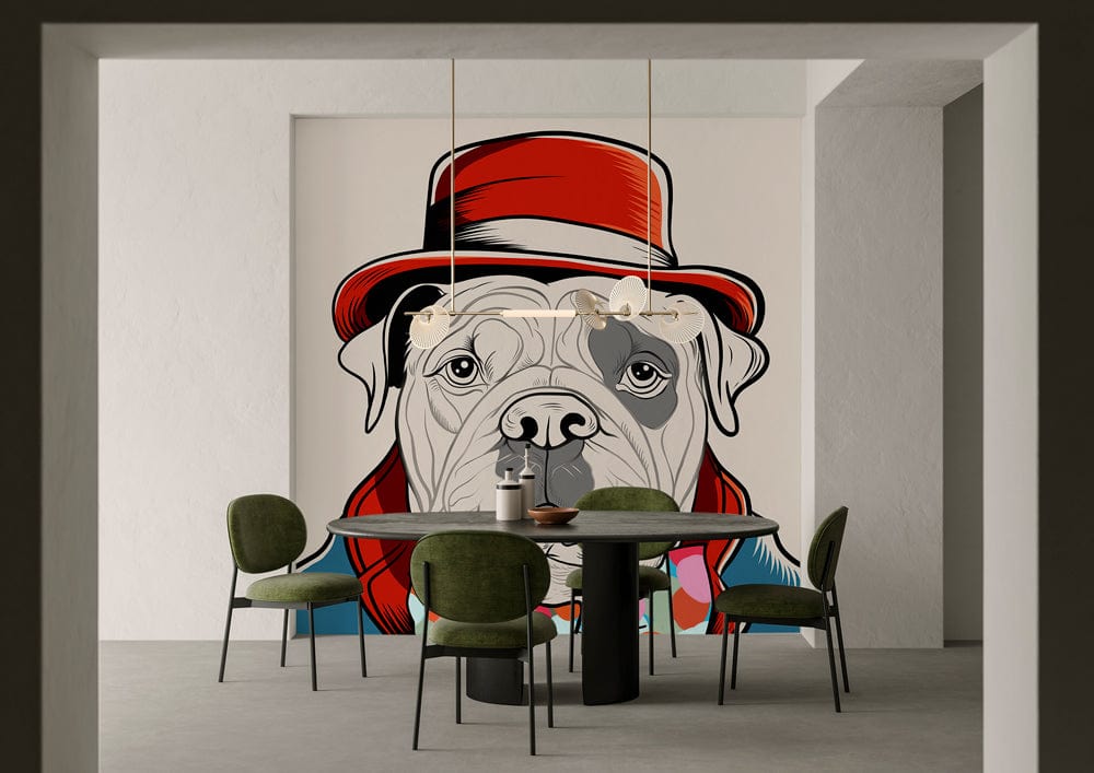 Colourful quirky dog mural wallpaper with red hat, modern dining room decor, green chairs, grey floor.