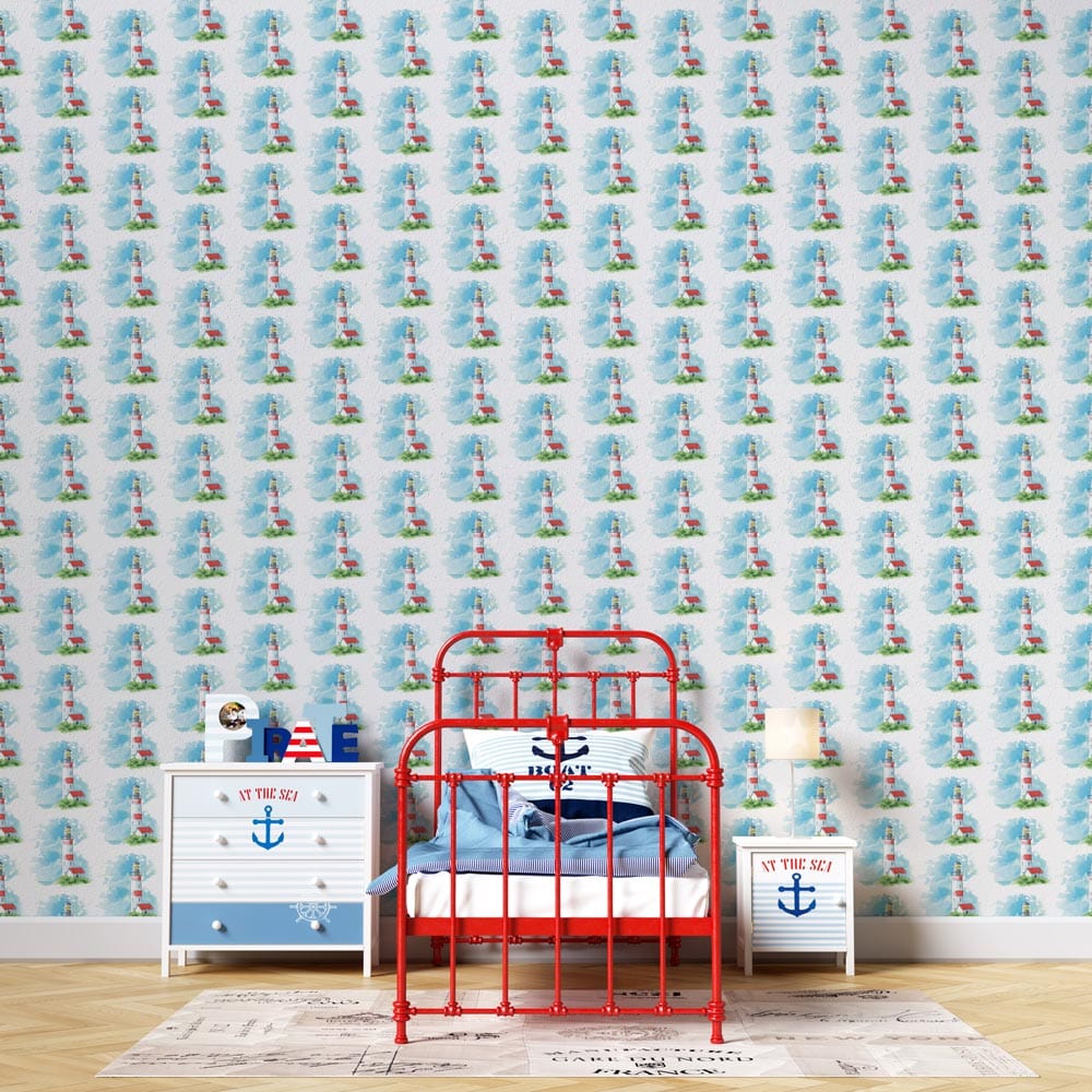 Coastal-themed wallpaper with red bed, blue and white bedside tables; ideal for a nautical bedroom.