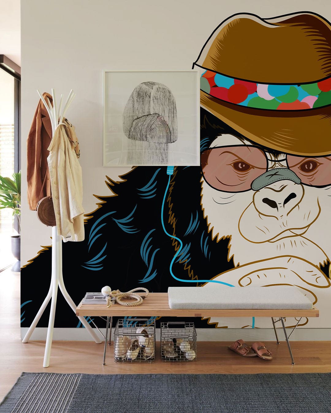 Chic Monkey Hipster Style Mural Wallpaper with hat, wooden bench, hallway decor, trendy glasses.