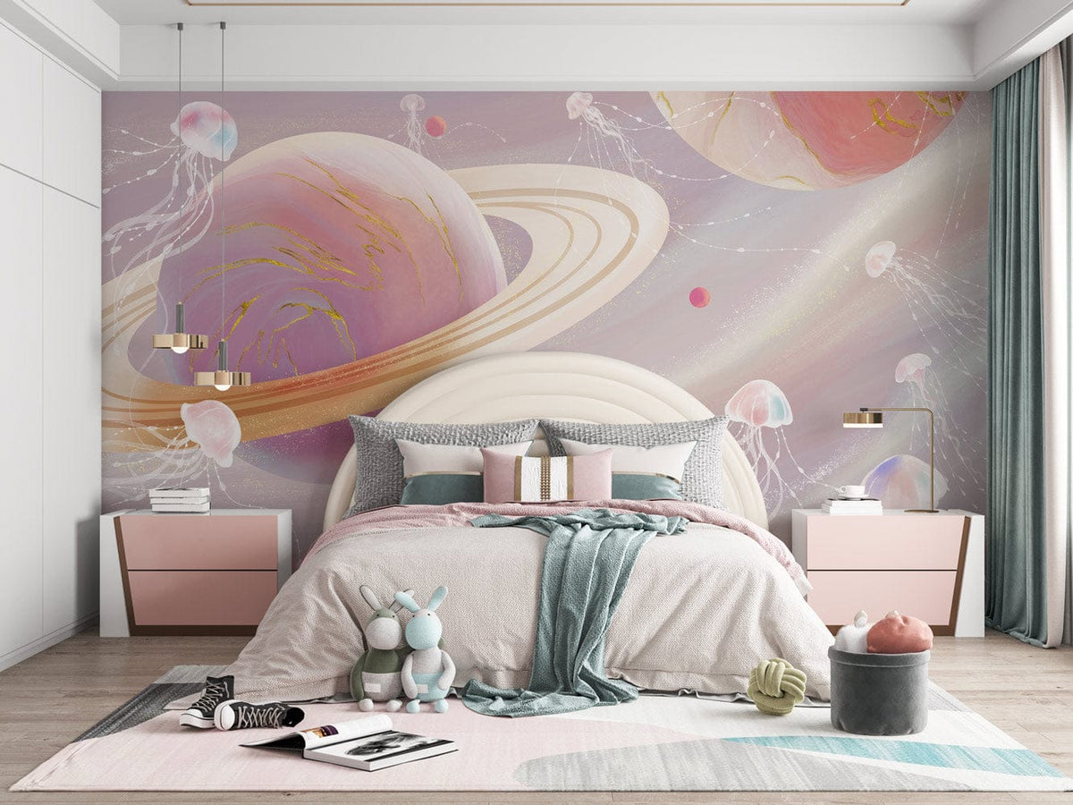 Ethereal pink jellyfish wallpaper mural in pastel-themed bedroom with modern decor and wooden flooring.