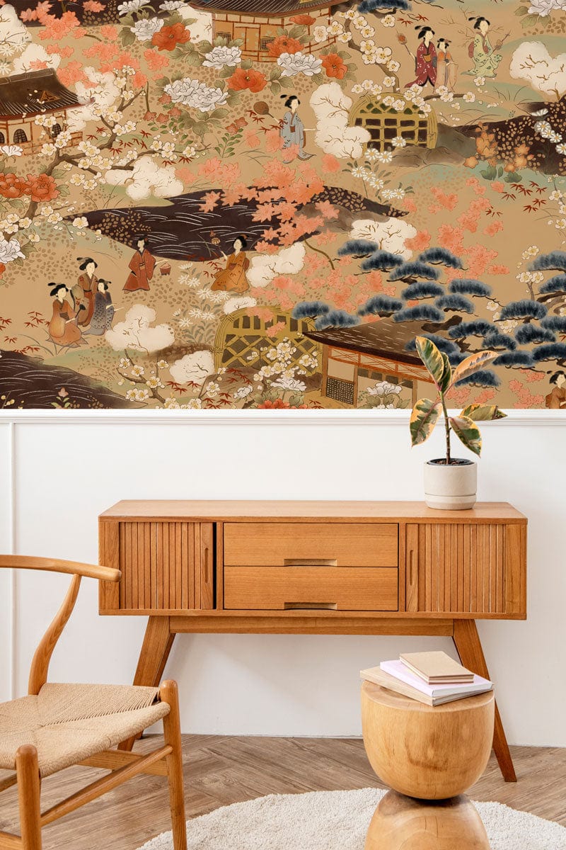 Japanese-inspired mural wallpaper, earthy tones, wooden sideboard, chair, round stool, neutral flooring, artistic.