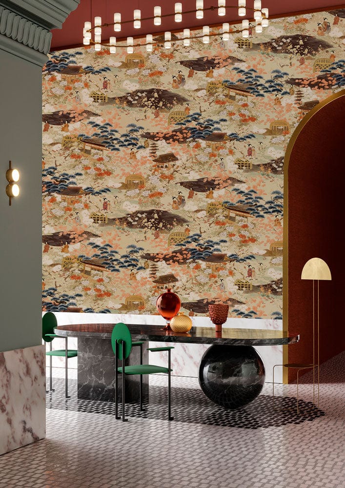 Vintage Oriental mural wallpaper, earth and blue tones, dining room, modern green chairs, marble flooring.