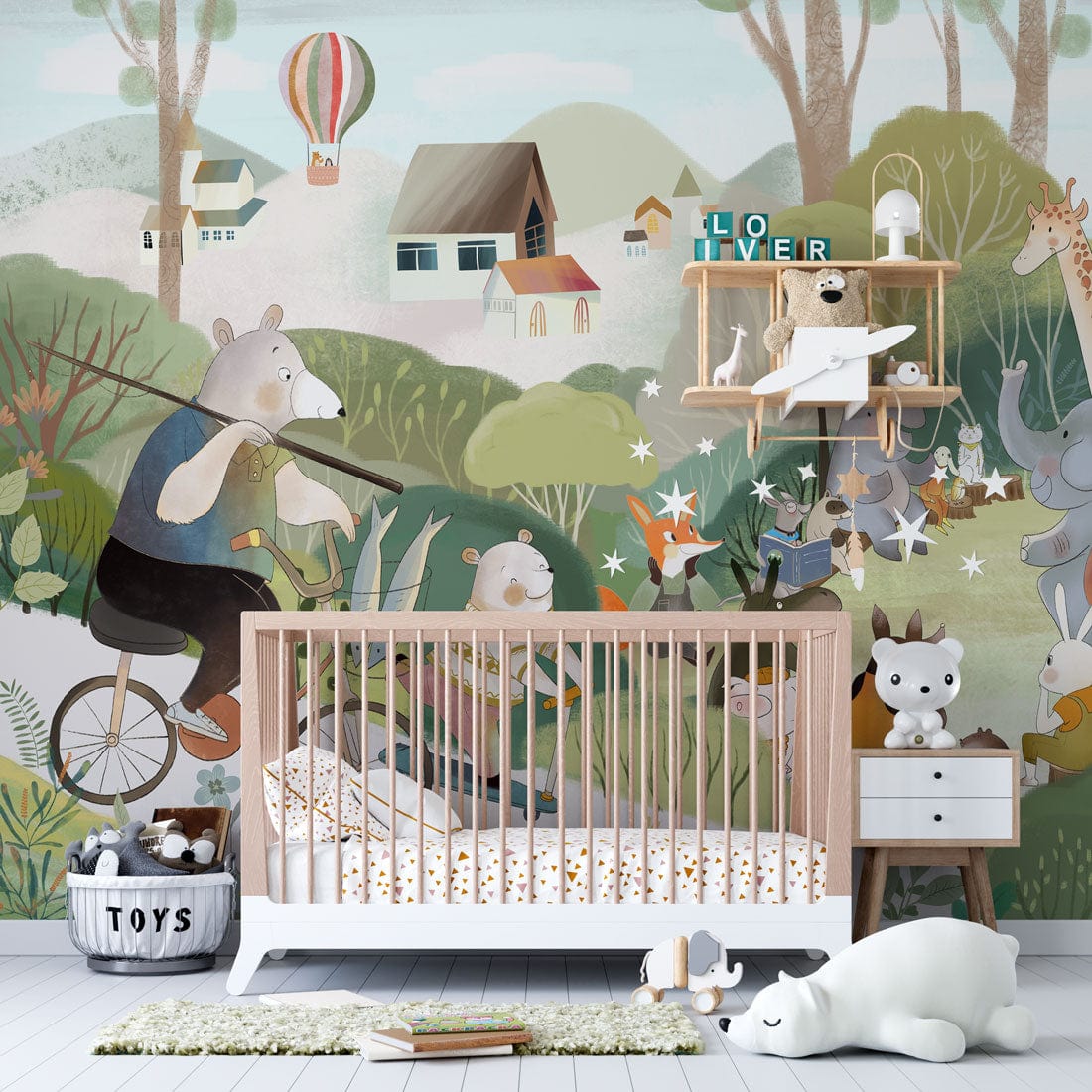Nursery with Whimsical Forest Friends wallpaper, wooden crib, pastel colours, and plush toys.