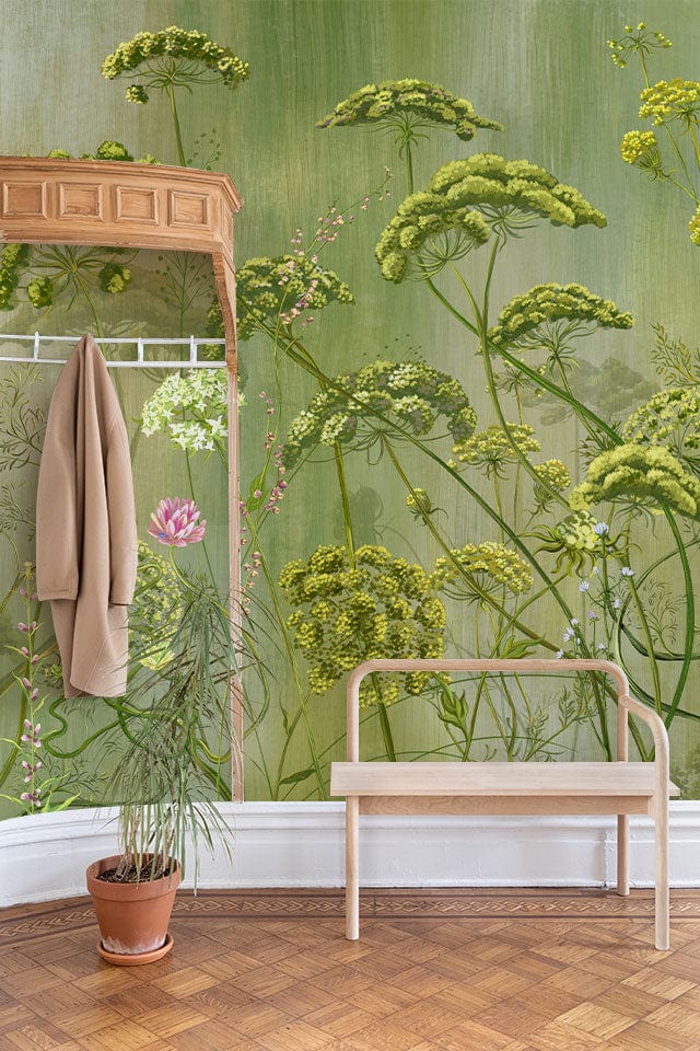 Botanical Garden Green Floral Mural Wallpaper in hallway with wooden bench, coat rack, and parquet flooring.