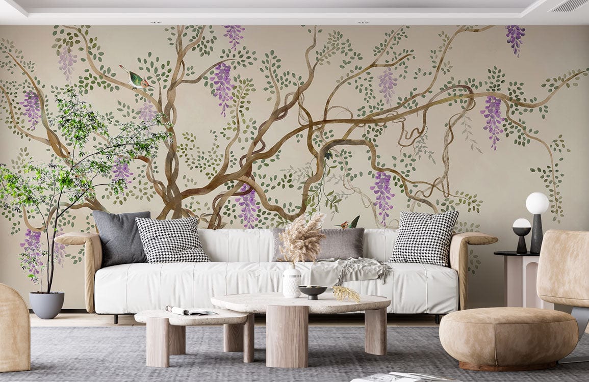 Vintage botanical wisteria mural with birds; white sofa, modern tables, neutral seating, carpeted floor.