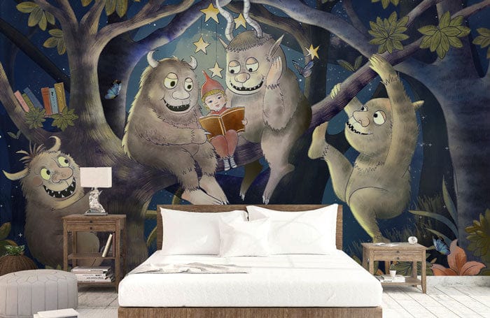 Cosy Night Forest Adventure Mural Wallpaper with Friendly Creatures, bedroom setting with white bed.