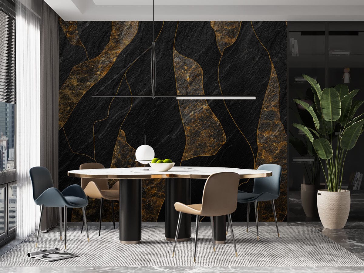 Luxurious black and gold marble wall mural in modern dining room with stylish chairs and round table.