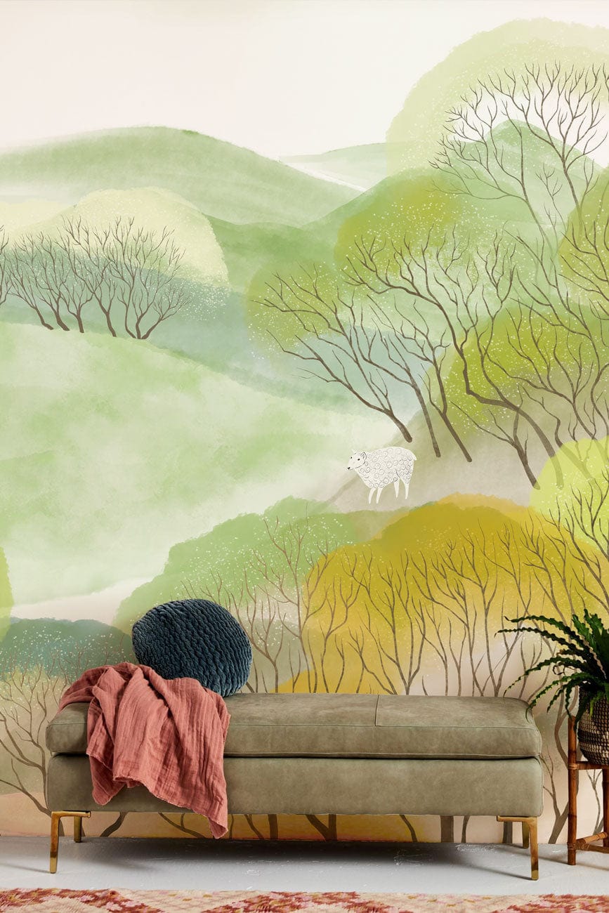 Serene Pastel Forest Mural in living room with green sofa, wooden flooring, and nature accents.