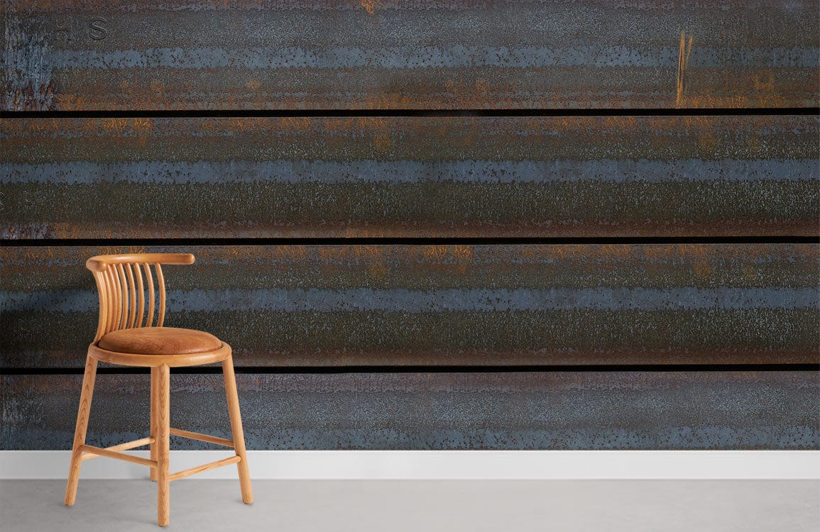 Rustic industrial wallpaper with blue-brown tones, wooden chair, in modern room with light flooring.