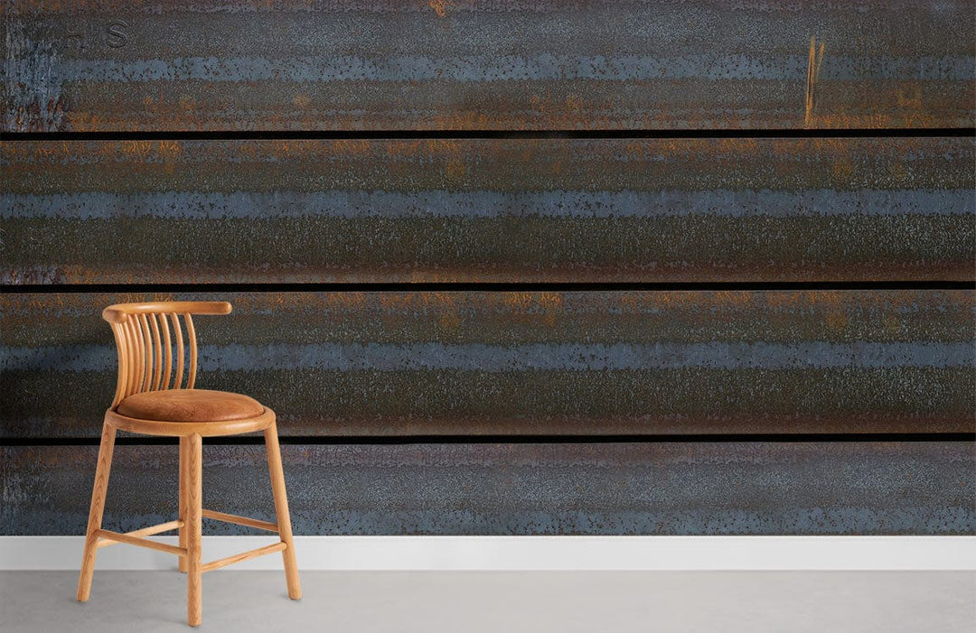Rustic industrial wallpaper with blue-brown tones, wooden chair, in modern room with light flooring.