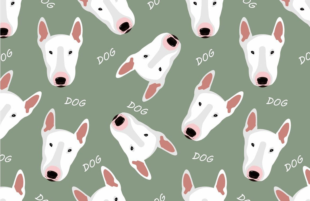 Charming Bull Terrier Dog Pattern Wallpaper in Sage Green and White